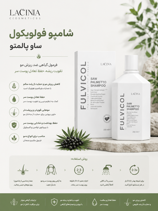 شامپو فولویکول ساو پالمتو (درمان ریزش ) ۱۰۰ میل لاسینیا